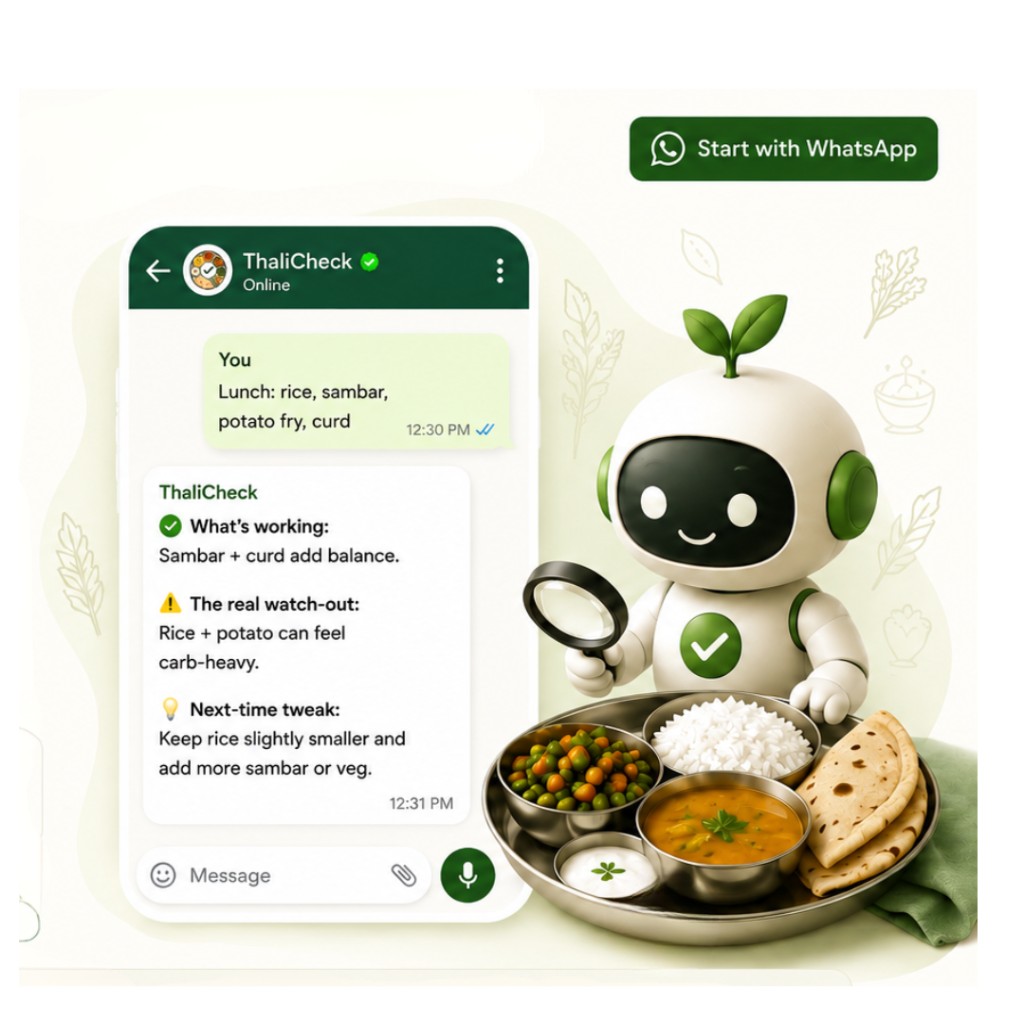 ThaliCheck bot showing a WhatsApp meal guidance response