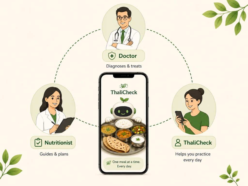 Doctor diagnoses and treats, nutritionist guides and plans, and ThaliCheck helps you practice every day on WhatsApp