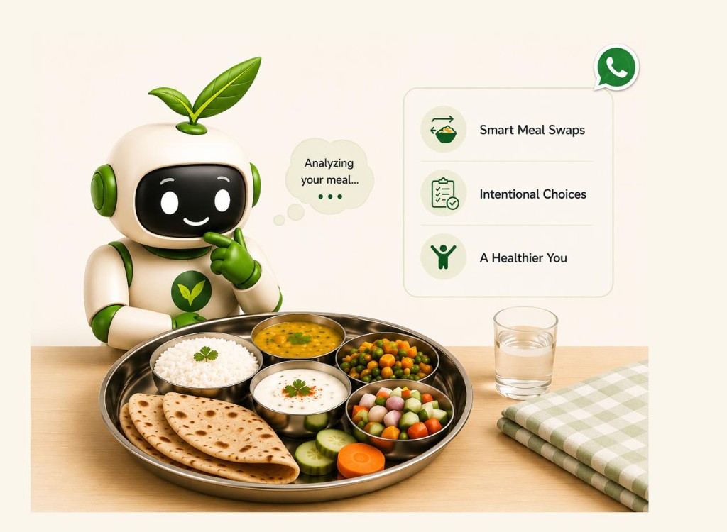 ThaliCheck bot thinking beside an Indian meal with smart meal swaps, intentional choices, and healthier you guidance