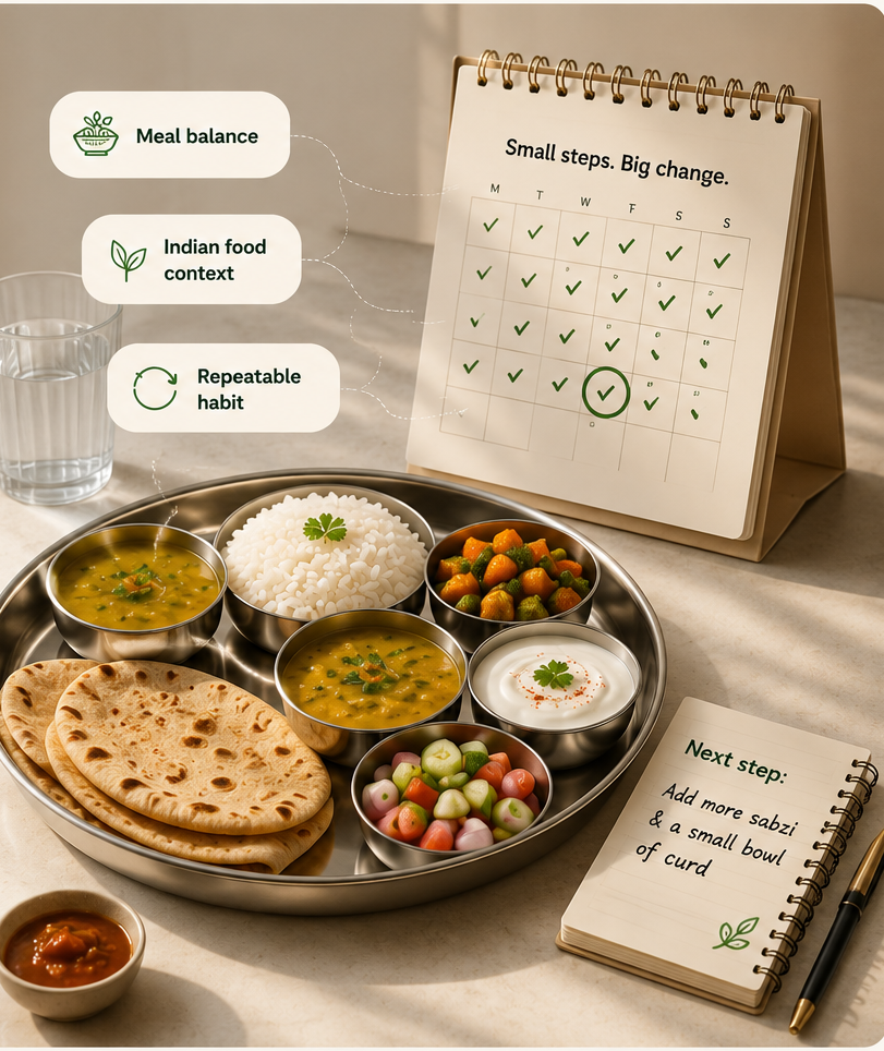 An Indian meal beside a habit calendar and next-step notebook showing meal balance, Indian food context, and repeatable habits