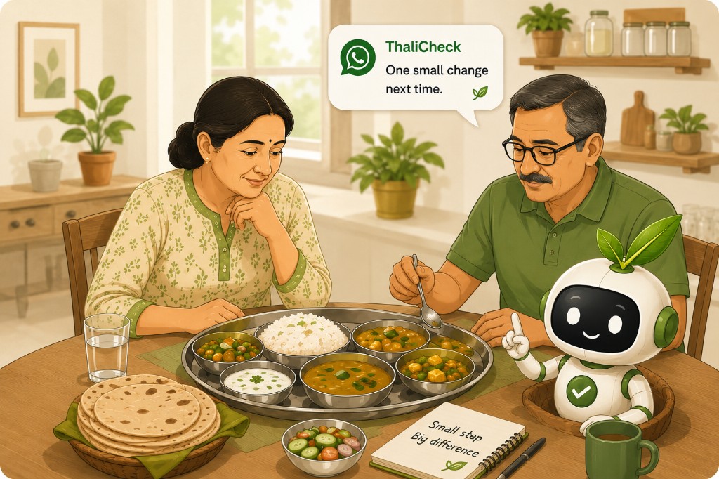 A couple eating an Indian meal with the ThaliCheck WhatsApp bot giving one small practical meal suggestion